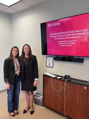 Two women beside a presentation of bidirectional effects of daily free-living physical activity and affective distress in the context of perimenstrum